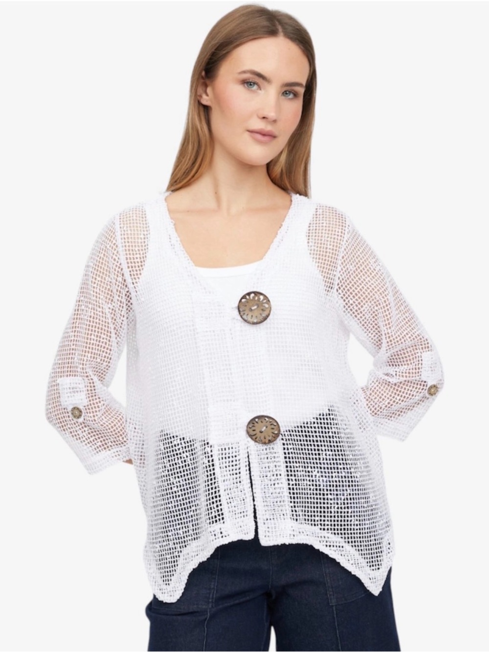 HAILEY LYN White Coconut Knit Cover Up Cardigan Wood Buttons Size Medium